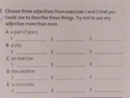 HELP PLEASE 5 Choose three adjectives from exercises 1 and 3 that you could use to describe these th