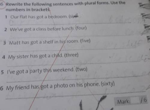 Rewrite the following sentences with plural forms. Use the numbers in brackets.1 Our flat has got a