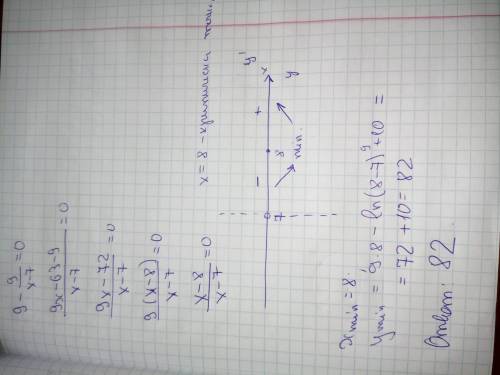 Y=9x-ln(x-7)в 9 степени +10 Найти минимум