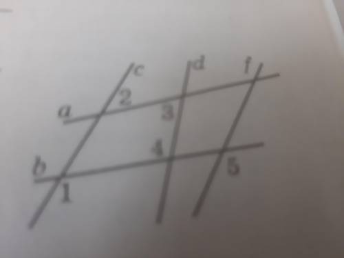 Дано: угол 1 = углу 5, угол 4 ≠ углу 5. Определите, какие из трёх прямых c, d и f параллельны