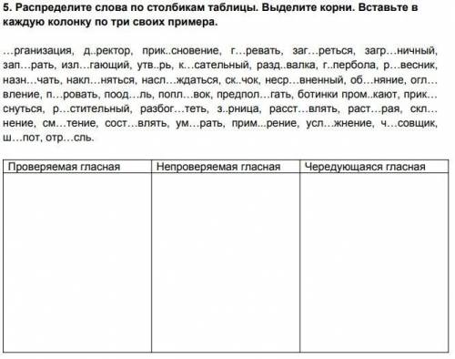 Распределите слова по столбикам таблицы. Выделите корни. Вставьте в каждую колонку по три своих прим