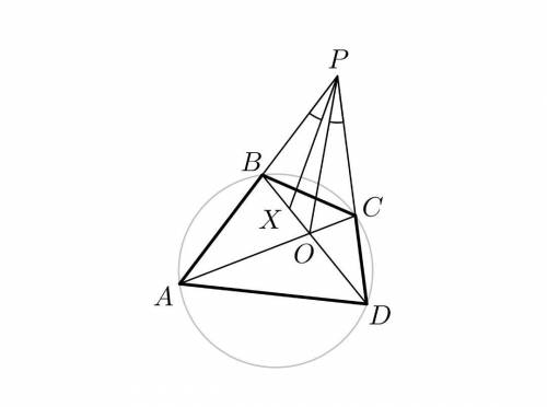 Диагонали вписанного четырёхугольника ABCD пересекаются в точке O. Прямые AB и CD пересекаются в точ