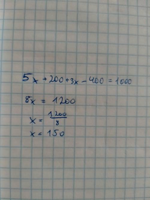 Реши уравнения: 5x+200+3x-400=1000