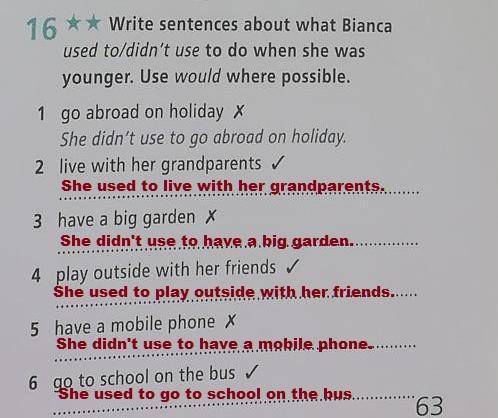 Write sentences about what Bianca used to/didn't use to do when she was younger.Use would possible ​