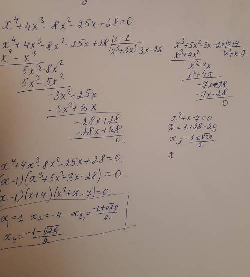 решить с объяснением этапов x^4+4x^3-8x^2-25x+28=0