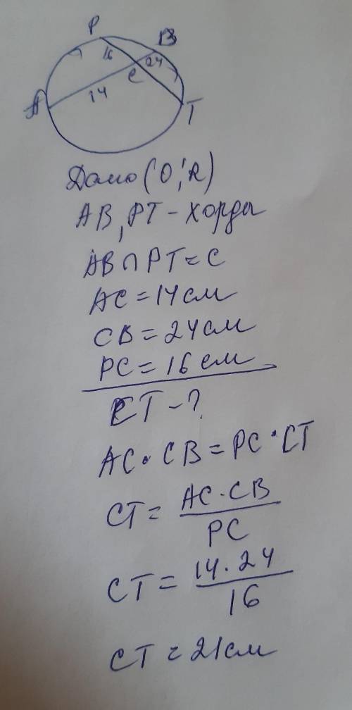 А2. Хорды AB и PT окружности пересекаются в точке С. Причём AC = 14, BC = 24, а PC = 16. Найти длину