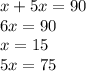 x + 5x = 90 \\ 6x = 90 \\ x = 15 \\ 5x = 75