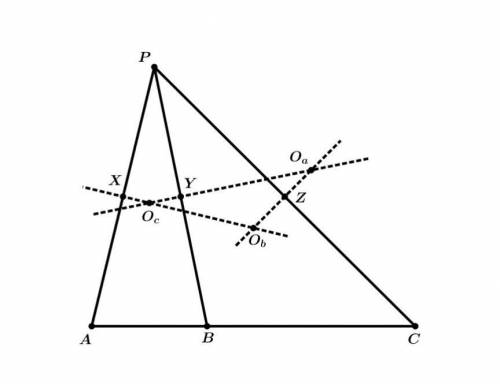 Даны точки A, B, C, лежащие на одной прямой, и точка P вне этой прямой. К отрезкам PA, PB, PC через