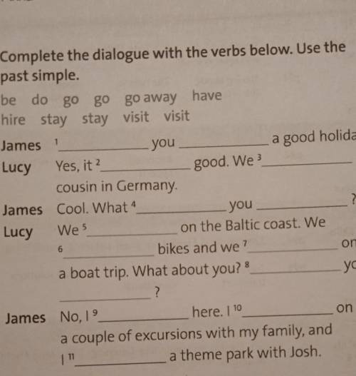 Complete the dialoue with the verbs below use the past simple.(be, do,go,go,go away, have,hire,stay