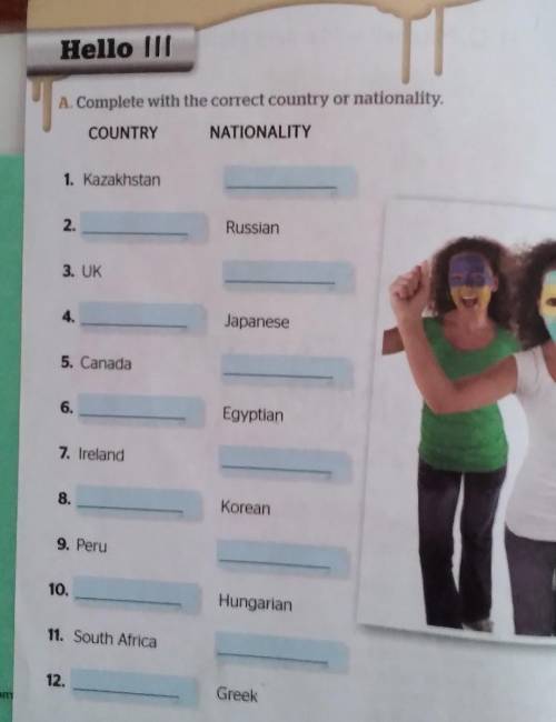 Hello III A. Complete with the correct country or nationality. COUNTRY NATIONALITY 1. Kazakhstan 2.