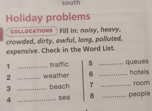 Holiday problems COLLOCATIONS Fill in: noisy, heavy, crowded, dirty, awful, long, polluted, expensiv