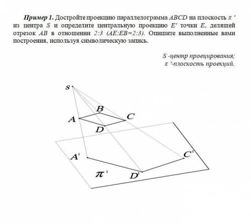 Достройте проекцию параллелограмма АВСD на плоскость π ' из центра S и определите центральную проекц