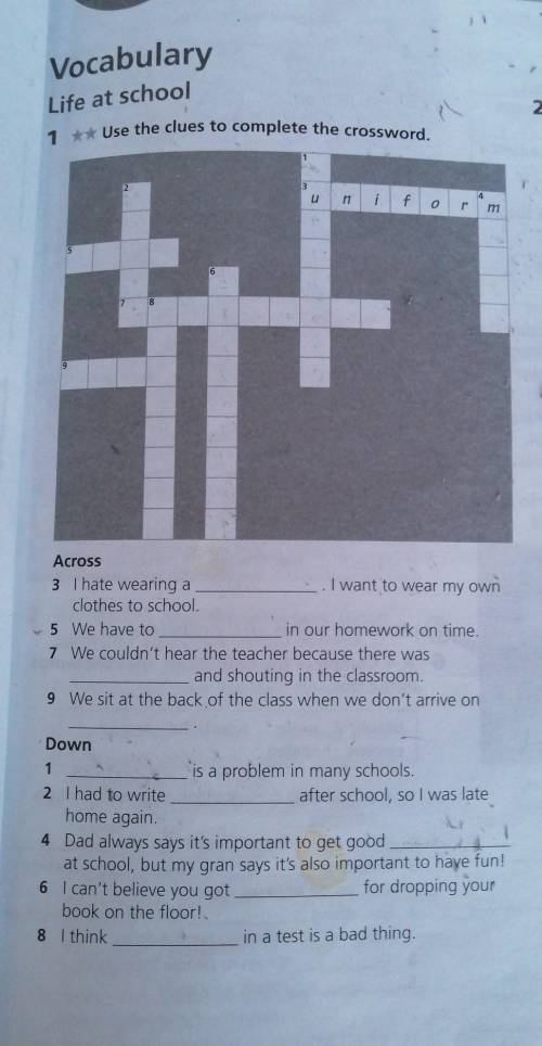 3 1 ** Use the clues to complete the crossword, B 2 f o Across 3 I hate wearing a I want to wear my