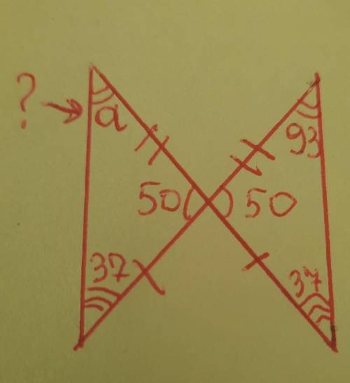 найдите у вертикального треугольника угол а, если другие углы равны 93 град. , 50 град. и 37 градусо