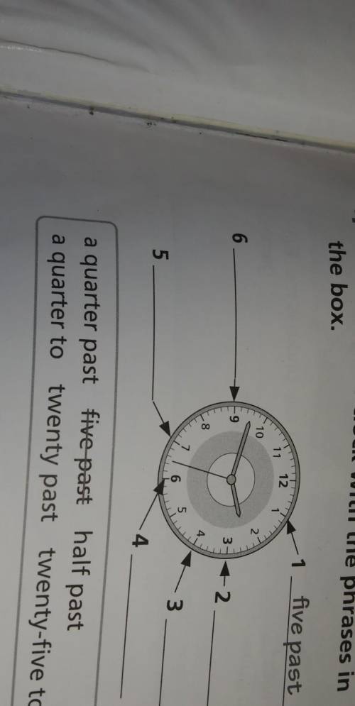 Label the clock with the phrases in the box. five past a quarter past half past a quarter to twenty