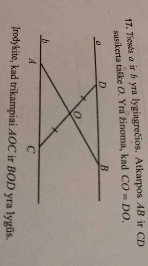 Линии A B параллельны. Секции A B и C D пересекаются в точке O. C O= D O известно Докажите, что треу