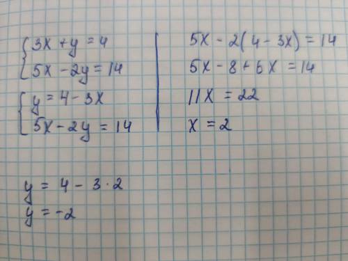 розв'яжіть систему рівнянь методом підстановки 3x+y=4 5x-2y=14​