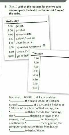 Look at the routines for the two days and complete the text. Use the correct form of the verbs
