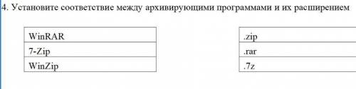 4. Установите соответствие между архивирующими программами и их расширением