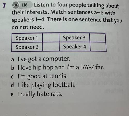 Listening Listen to four people talking about 7 their interests. Match sentences a-e with 1.16 speak