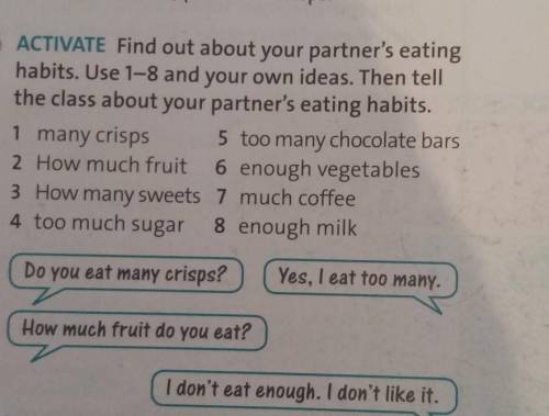 ACTIVATE Find out about your partner's eating habits. Use 1-8 and your own ideas. Then tell the clas
