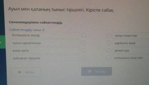 Ауыл мен қаланың тыныс-тіршілігі. Кіріспе сабақ Синонимдерімен сәйкестендір. Сәйкестендіру саны: 4