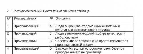 2. Соотнесите термины и ответы напишите в таблице. в № Вид хозяйства 1 Присваивающий 2 Производящий