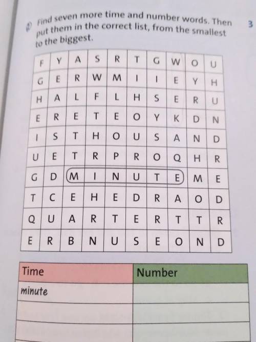 2 . Find seven more time and number words. Then put them in the correct list, from the smallest to t