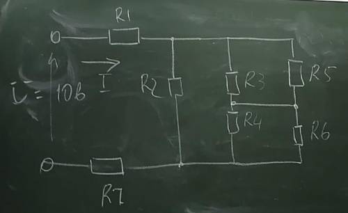 Найдите силу тока в цепи, если R1=R2=R4=15 Ом, R5=R7=25 Ом, R3=R6=15 Oм, а U=10 В.