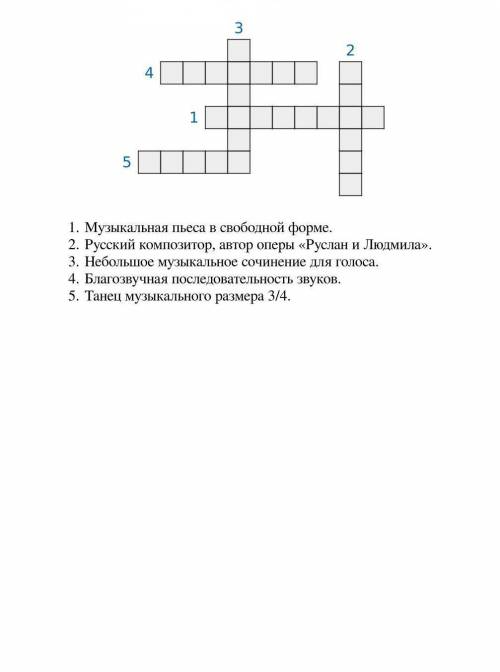 Составить кроссворд, зашифровав слова: романс, Глинка, мелодия, фантазия, вальс, оркестр