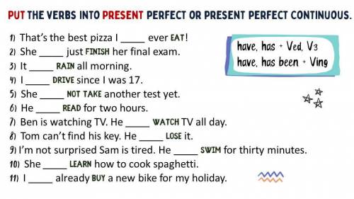 PUT THE VERBS INTO PRESENT PERFECT OR PRESENT PERFECT CONTINUOUS. 1) That's the best pizza I ＿ _ eve