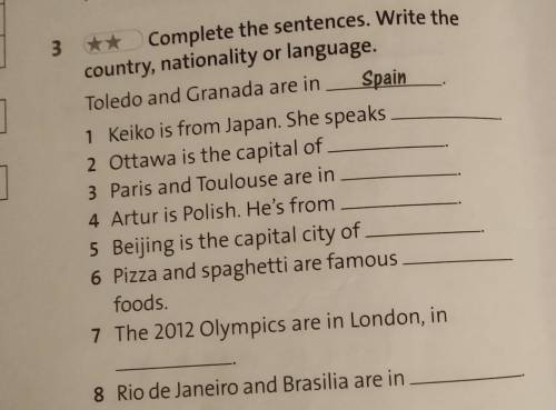 3 ** Complete the sentences. Write the country, nationality or language.