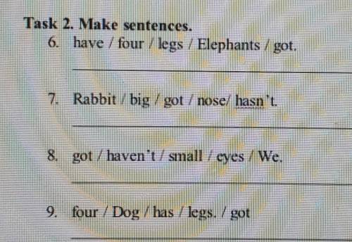 Task 2. Make sentences. 6. have / four / legs / Elephants / got. 7. Rabbit / big / got / nose/ hasn'