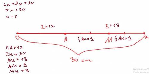 установите соответствие между отрезками и их длинами. точка а делит отрезок ск в отношении 2:3. м- с