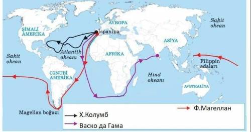 Нужно отметить на карте: Христофора Колумба, Фернана Магеллана, Марка Поло, Васко да Гама и Афонасия