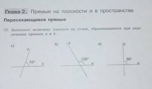 Пересекающиеся прямые 32. Запишите величину каждого из углов, образовавшихся при пере- сечении прямы