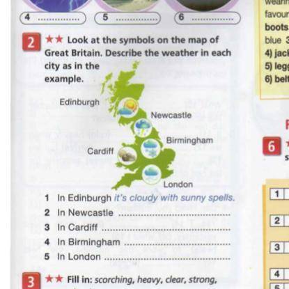 Look at the symbols on the map of great britain describe the weather in each city as in the example?