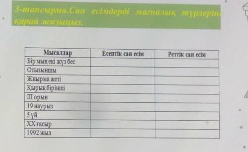 3-тапсырма.Сан есімдерді магналық түрлерін қарай жазыңыз. Мысалдар Бiр мын екі жүз бес Отызыншы Жиыр