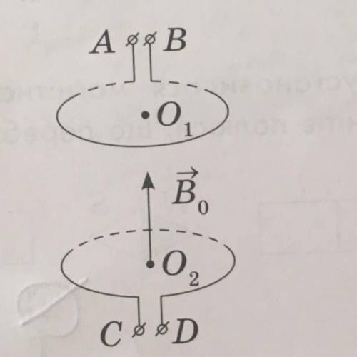 9.На рисунку зображено два кільця, по яких проходить електричний струм. Напрямок магнітного поля кіл