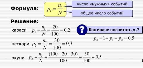 В пруду живут 100 рыб, из них 20 карасей, 30 пескарей, а остальные окуни. Какова вероятность поймать