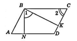 В паралелограмі ABCD кут 1 = 40 градусів. BN і BK - висоти. Знайти кут 2.
