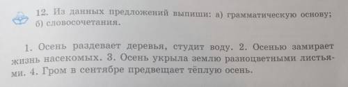 12. Из данных предложений выпиши: а) грамматическую основу; б) словосочетания. 1. Осень раздевает де