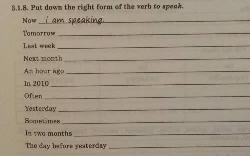 3.1.8. Put down the right form of the verb to speak. Now i am speaking Tomorrow Last week Next mont