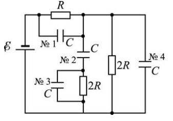В электрической цепи, схема которой показана на рисунке, энергия конденсатора №1 равна W. Чему равна