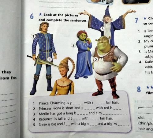 6 ★ Look at the pictures and complete the sentences. 1 Prince Charming is y 2 Princess Fiona is shor