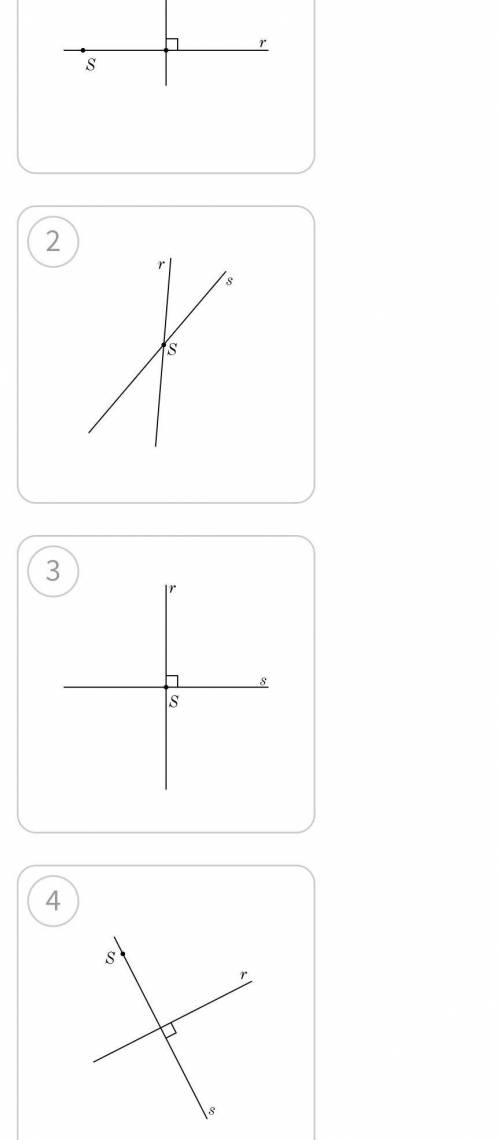 Выбери рисунок, на котором построена прямая ﻿r перпендикулярная прямой ﻿ss﻿ и проходящая через точку