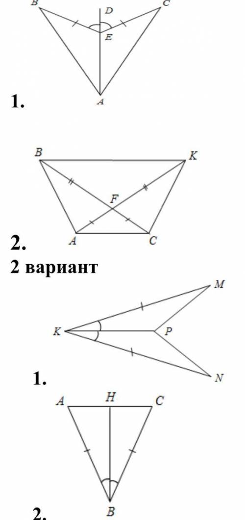 Найдите равные треугольники и докажите их равенство 1 и 2 вариант.