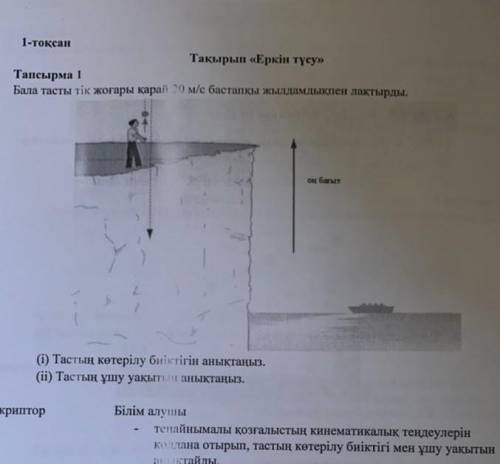 Бала тасты тік жоғары қарай 20 м/с бастапқы жылдамдықпен лақтырды. (i) Тастың көтерілу биіктігін аны