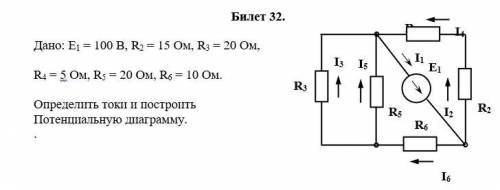 Решите , задание на минут 40 Дано: E1 = 100 B, R2 = 15 Oм, R3 = 20 Oм,R4 = 5 Oм, R5 = 20 Oм, R6 = 10