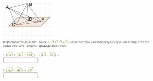 В пространстве даны пять точек A, B, C, D и E. Сложи векторы и назови результирующий вектор, если ег